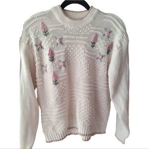 Vintage Cream Sweater with Pink Floral Embroidery